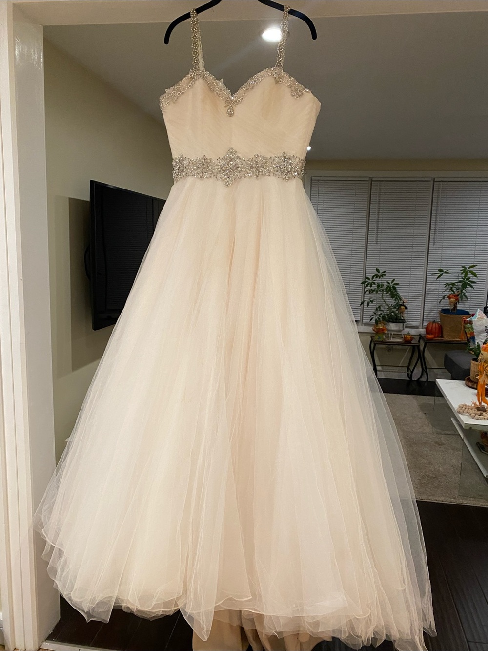 Mari Lee Ivory Beaded Tulle Ball Gown Bridal Dress with Spaghetti Straps